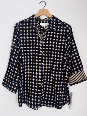 NWT Foxcroft Ava 14 Optic Dot Wrinkle Free Button Front 3/4 Sleeve Shirt